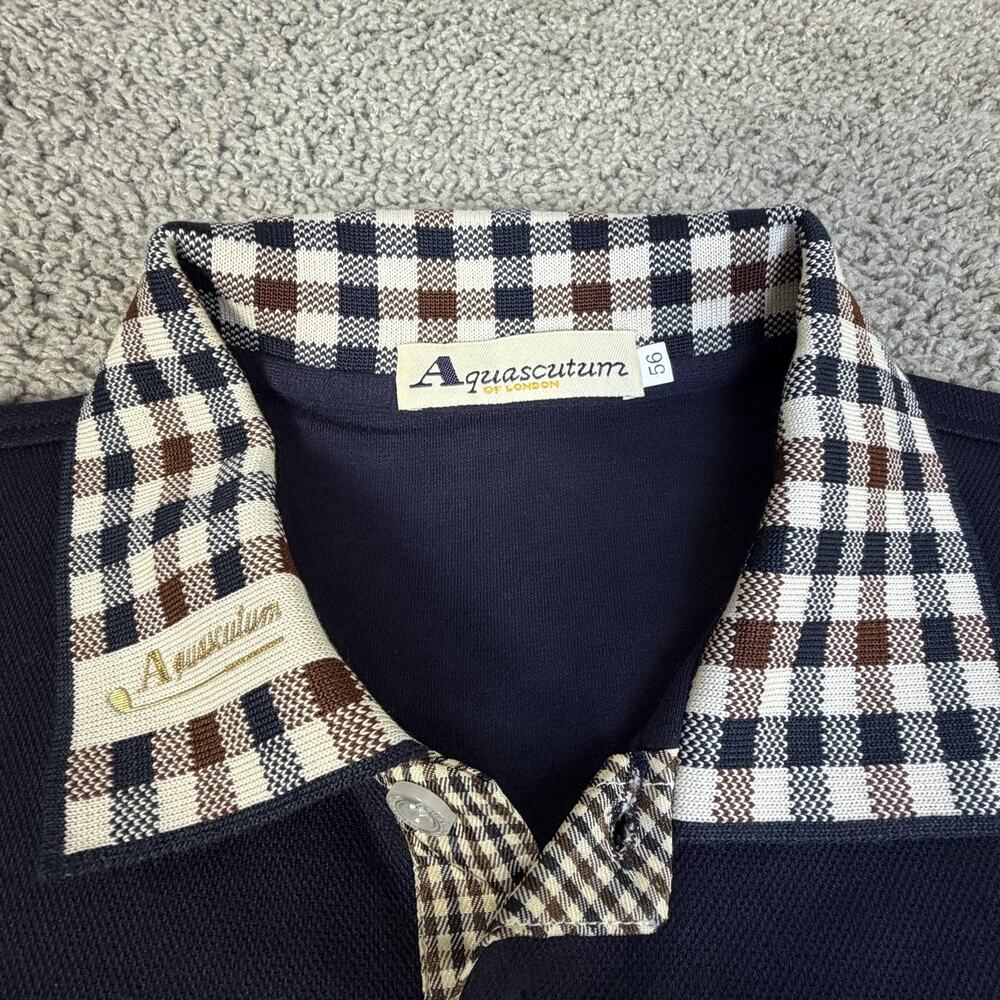 Aquascutum Polo Shirt Mens EU 56 Blue Check Collar Long Sleeve Logo Knit Casual